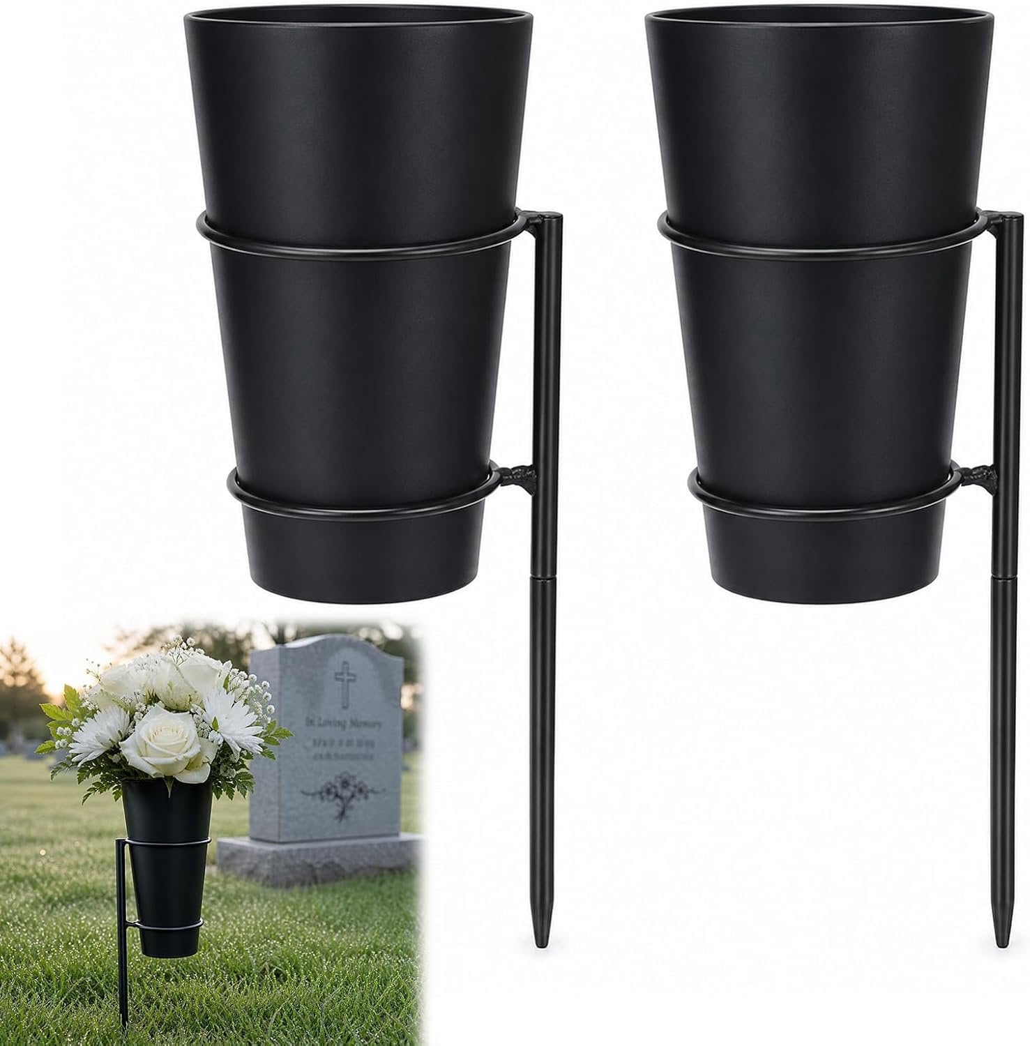 Vemera Set van 2 Metalen Grave Vazen met Grondspijker voor Begraafplaatsdecoratie