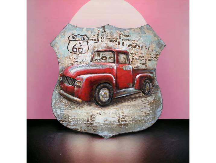 Tableau Relief Voiture Pick Up rouge Américain en Métal