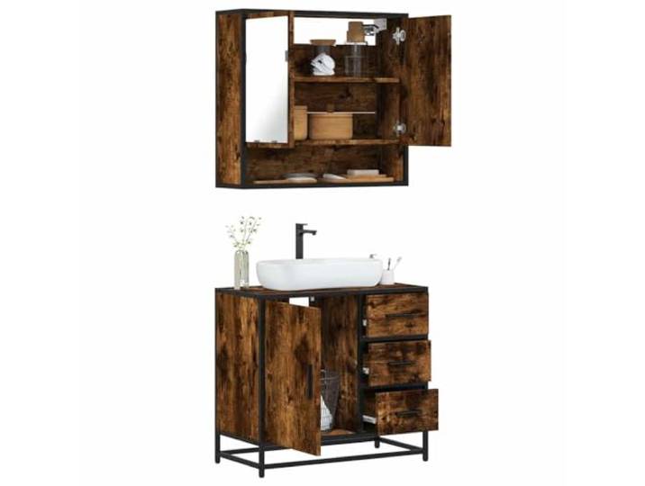 ZQQLVOO 2-TLG. Badmöbel-Set Räuchereiche Holzwerkstoff Metallgestell, Lowboard, Wandmontage, Spiegel, Waschbeckenunterschrank, Stauraum, Bad