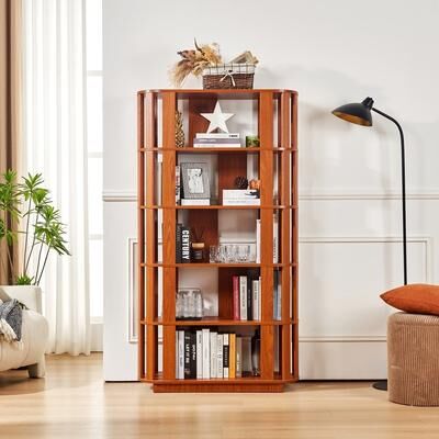 Wooden Oval Open Bookshelf, MDF Grid Frame Freestanding Bookcase, 5-Tier Easy Assembly Storage Display Rack