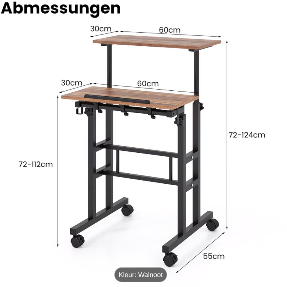 Hoogteverstelbaar computerbureau met wielen in natuurlijke houtkleur voor kantoor, slaapkamer of woonkamer