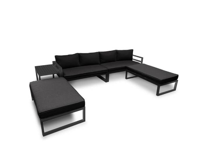 Perel Salon de jardin aluminium noir mobilier extérieur 8 personnes avec coussins et table d appoint rangement compact 125 x 68