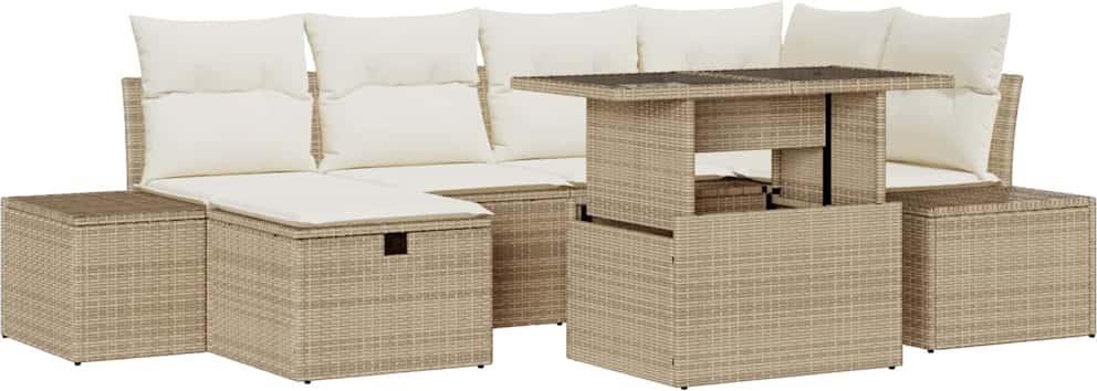 Modulares Garten-Sofa-Set, 7-teilig, für 6 Personen, Poly-Rattan, höhenverstellbarer Tisch, Stauraum, UV- & wetterbeständig, Beige