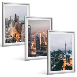 BILDER SET 3er Set - 40x60 cm Silberner Rahmen - Städte bei Nacht, Wolkenkratzer, Lichter