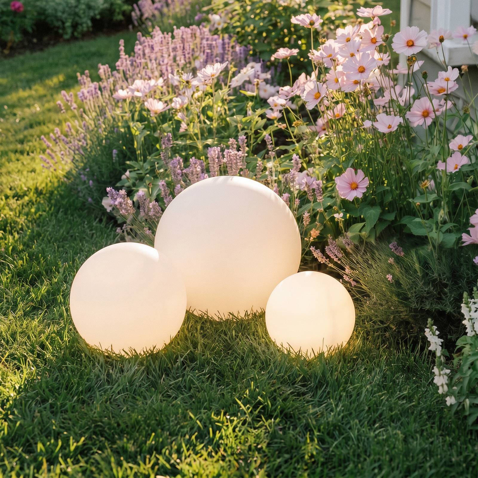 Lindby LED solar lamps Lago, set of 3, globes, ground spike, white Lago, White / opal, Plastic, Modern, outdoor solar lights