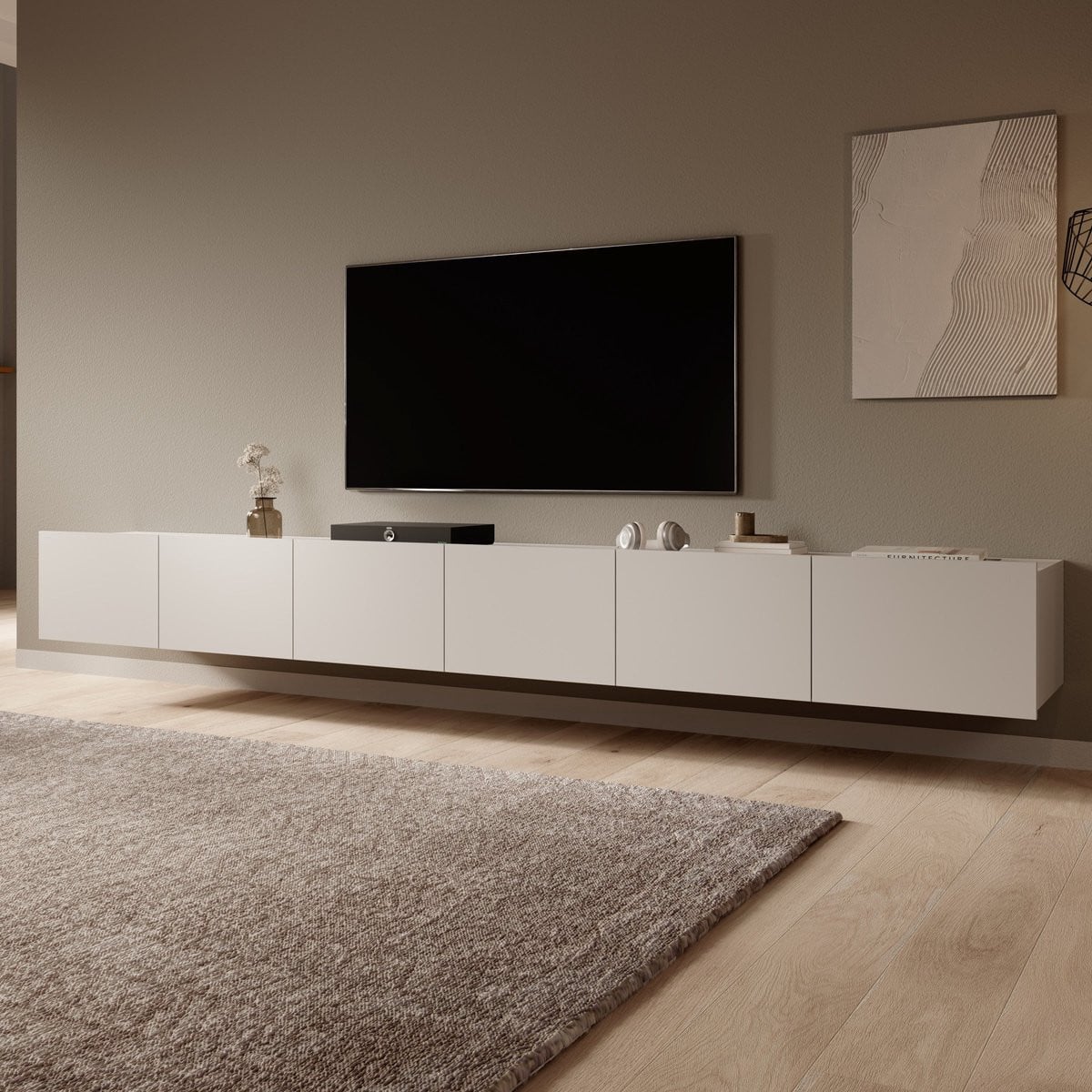 Meubella Calgary TV-meubel - Beige - Breedte: 300 cm - Hangend of Staand