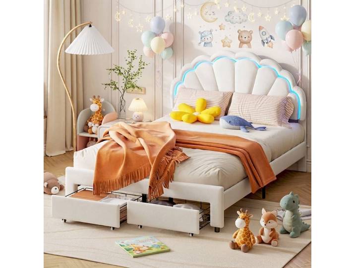 Lit Enfant Rembourré 140x200 cm avec 2 Tiroirs Lit Princesse Enfant avec avec Éclairage LED lit Double en Velours Fille pour Enfants
