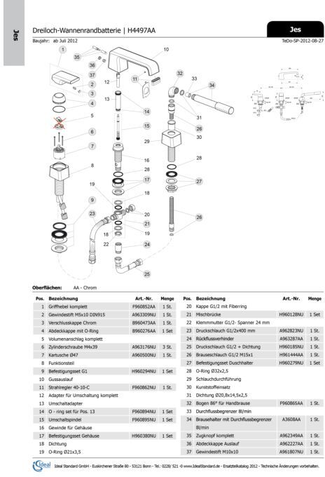 Ideal Standard Griffhebel JES, kpl., F960852AA für 47er Kart., Chrom