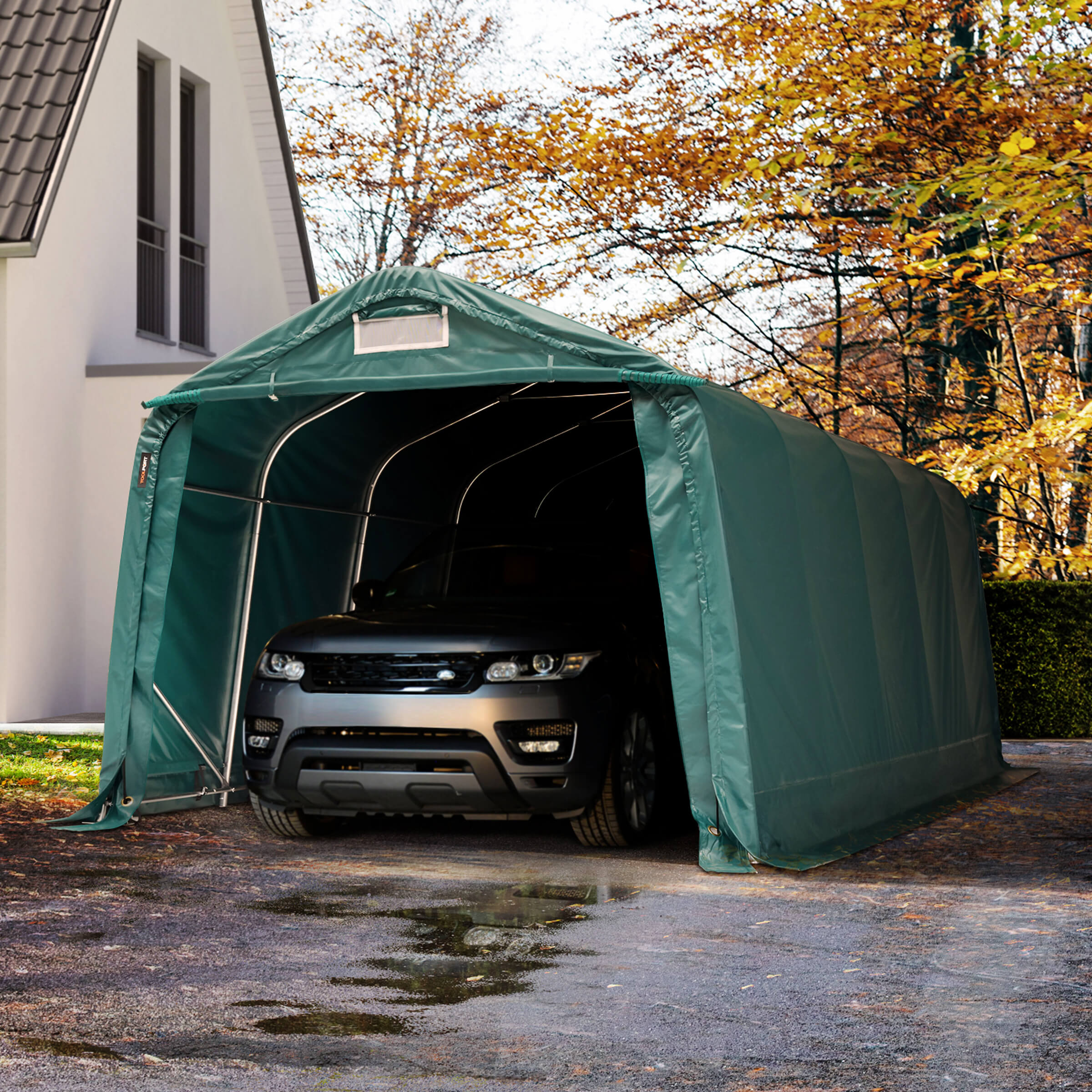 TOOLPORT 3.3x6.0m Carport Tent / Portable Garage, PRIMEtex 2300, dark green with statics (ground: concrete) - (49679)