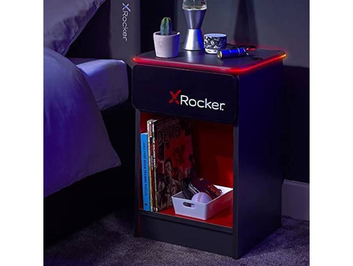 X Rocker Carbon-Tek Nachttisch – Moderner Gaming Nachtschrank mit LED-Beleuchtung & Wireless Charging Ladepad Schwarz/Rot