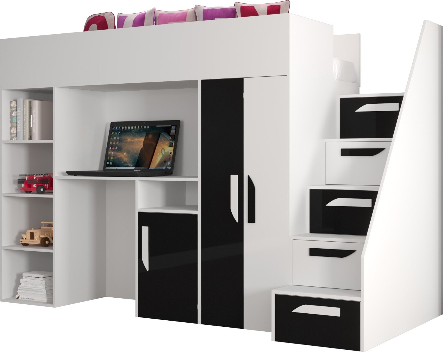 Etagenbett für Kinder Party 14 Stockbett mit Treppe und Bettkasten (Weiß + Schwarz Glanz)