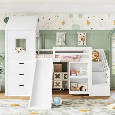 GREATPLANINC House Loft Bed with Pull Out Desk Drawers Slide Storage Stairs Window