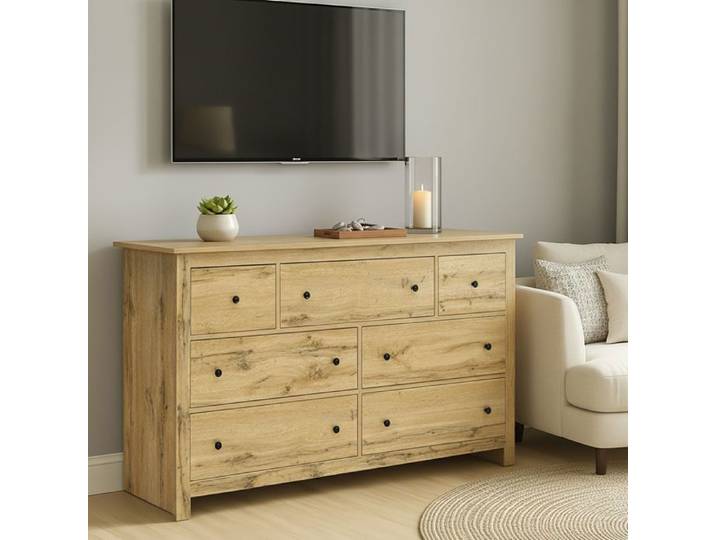 Commode 7 Tiroirs 152cm Commode Moderne Commode de Rangement Couleur bois d'origine