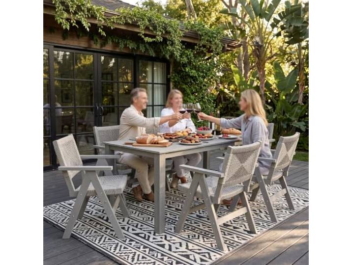 MARIELYST 5-teilige Garten Essgruppe, Gartentisch mit HIPS-Rahmen + 4 Armlehnenstühle mit geflochtenem Rattanbezug, Outdoor Esstisch Set für Terrasse, Balkon & Garten (Charcoal Grey+Light Grey)