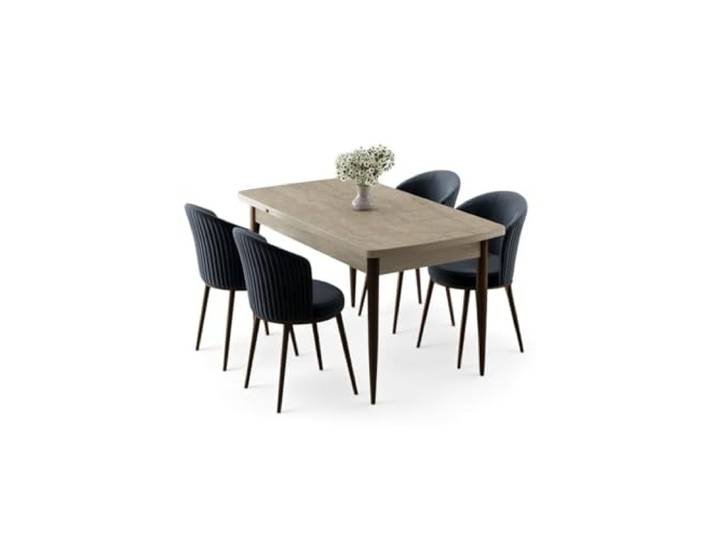 Hanah Home Extendable Dining Table & Chairs Set (5 Pieces), Travertine & Anthracite, 130-174 cm 100% MDF, Metal Legs, Modern Scandinavian Design