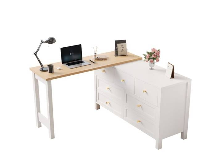 Bureau 2-en-1 avec commode 7 tiroirs plateau rotatif 360° bureau d'angle L coiffeuse finition chêne blanc/naturel