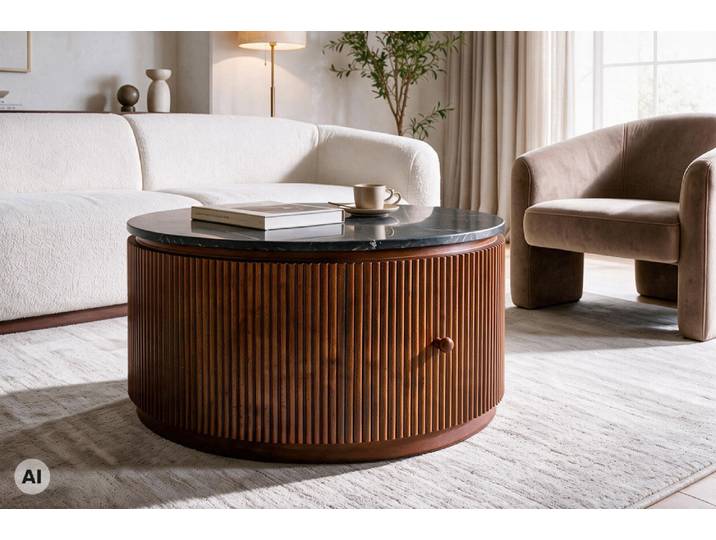 Runder Couchtisch COFFEE TABLE GATSBY 70cm braun schwarz Mangoholz Marmor Schublade Sofatisch Wohnzimmertisch Säulentisch Modern & Design