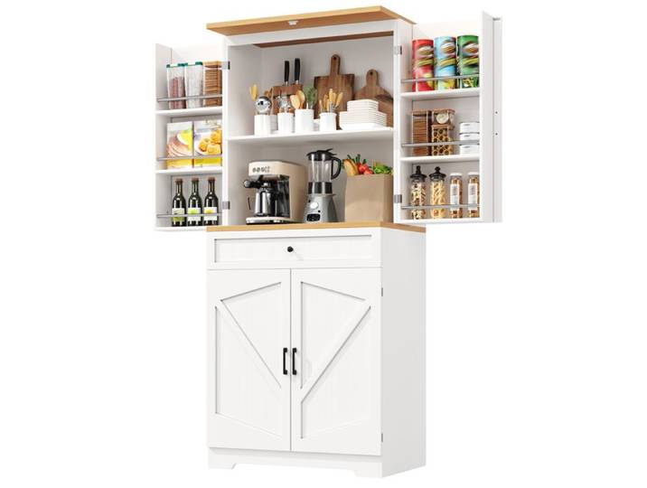ULEVR Armoire de cuisine haute 80 x 40 x 180 cm avec étagères ouvertes et grands tiroirs rangement polyvalent blanc