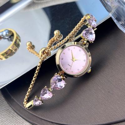 Youfap Market Mixed Scale Simple Light Luxury Ladies Quartz Watch, Three Heart Shaped Diamond Encrusted Bracelet, Round Alloy Case pink
