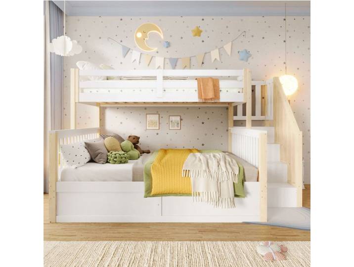 ULEVR Lit superposé enfant 90x200+140x200 avec rangement coffre hydraulique échelle blanc naturel sans matelas