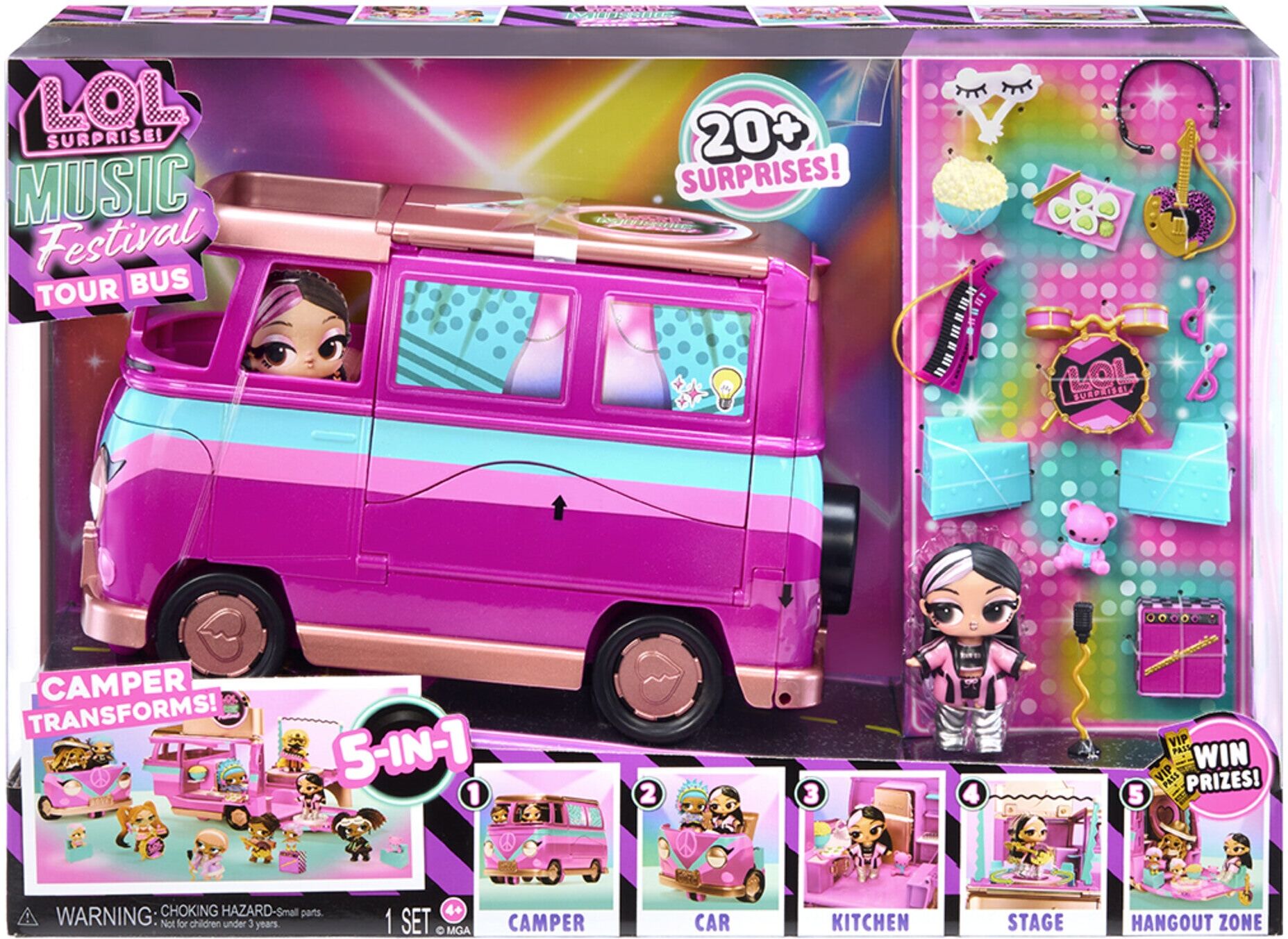 MGA Entertainment L.O.L. Surprise! Music Festival Tour Bus 5-in-1 Playset for Kids - 20+ Surprises, Heartbeatz B.B. Doll, Music Festival Accessories, Ages 6 and Up