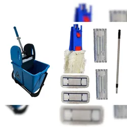 CleanSV Wischset blau Laschenmop 50 cm, Reinigungswagen 20 L Eimer, Presse, Laschenmophalter, 3 x Laschenmop Baumwollmop, 2 Microfaser Teleskopstiehl