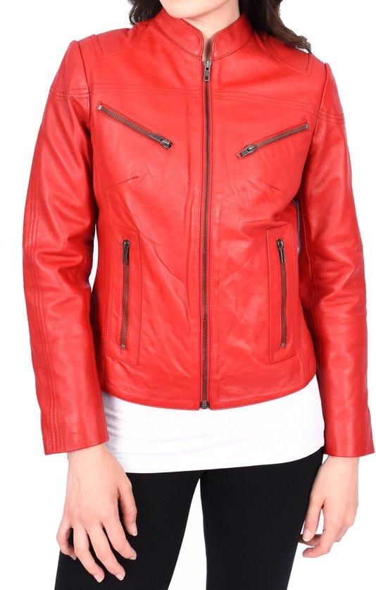 Leren Motorjacke für Damen - Mandarin-Kragen, Rot