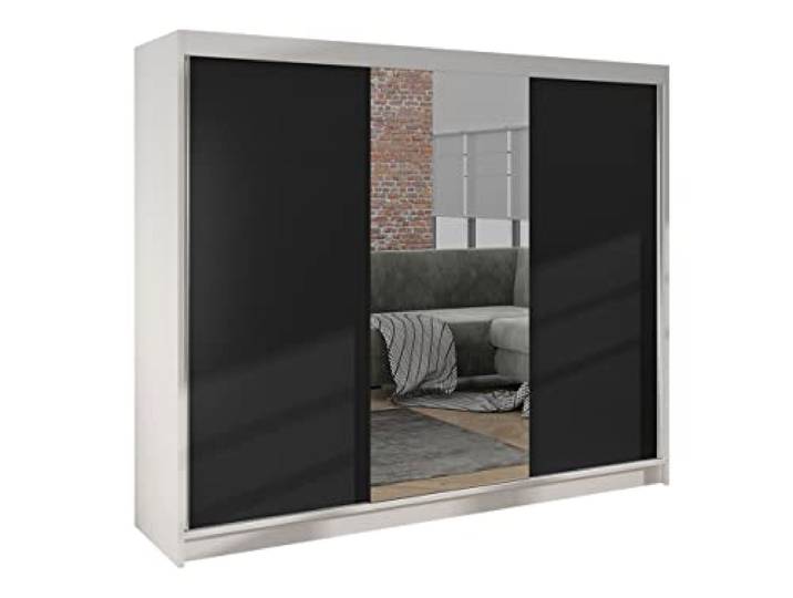 Mirjan24 Kleiderschrank Dotan I mit Spiegel, Kleiderstange und Fächer, Schlafzimmerschrank, Schwebetürenschrank, Flurschrank, Garderobenschrank, Dielenschrank (Weiß/Schwarz)