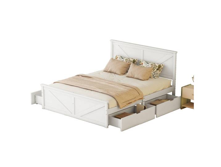 Flieks Flachbett 160x200cm Weiß Holz 4 Schubladen, 160x200 cm, Schlafzimmer, Betten