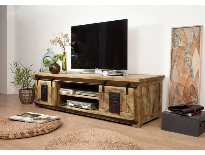 Meuble TV 180x55 Manguier laqué Bois naturel RAILWAY #135