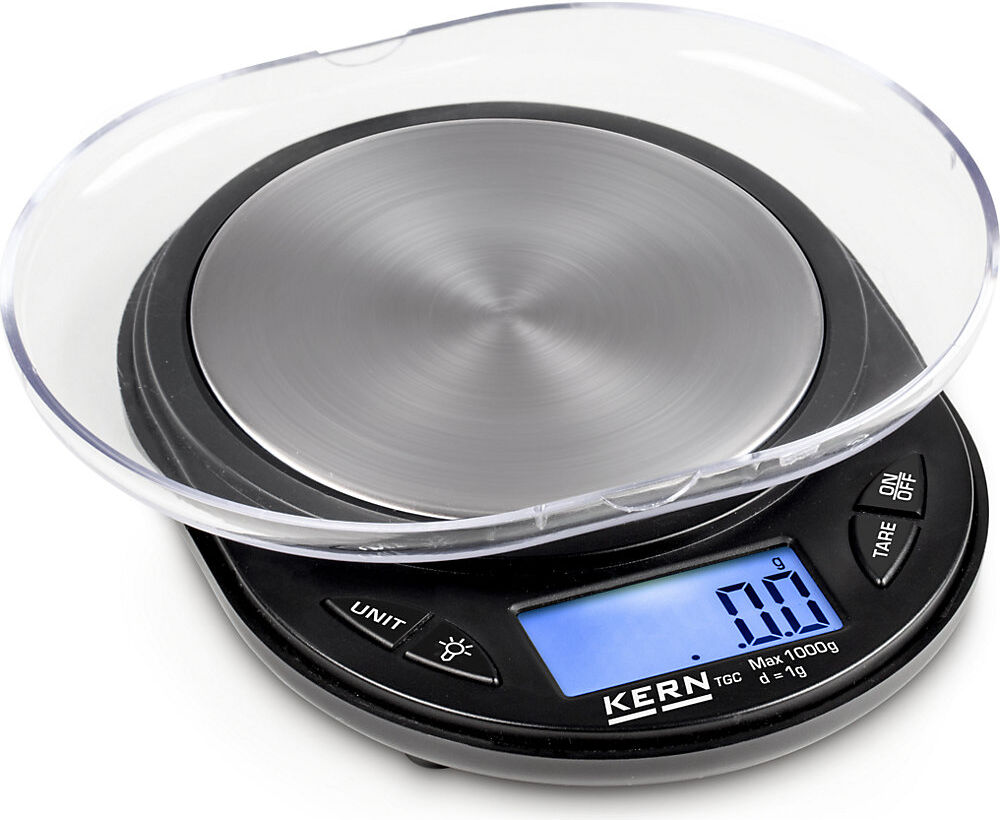 Taschenwaage, mit Taraschale, VE 5 Stk, Wägebereich bis 1000 g, Ablesbarkeit 1 g, Wägeplatte 81 mm KERN