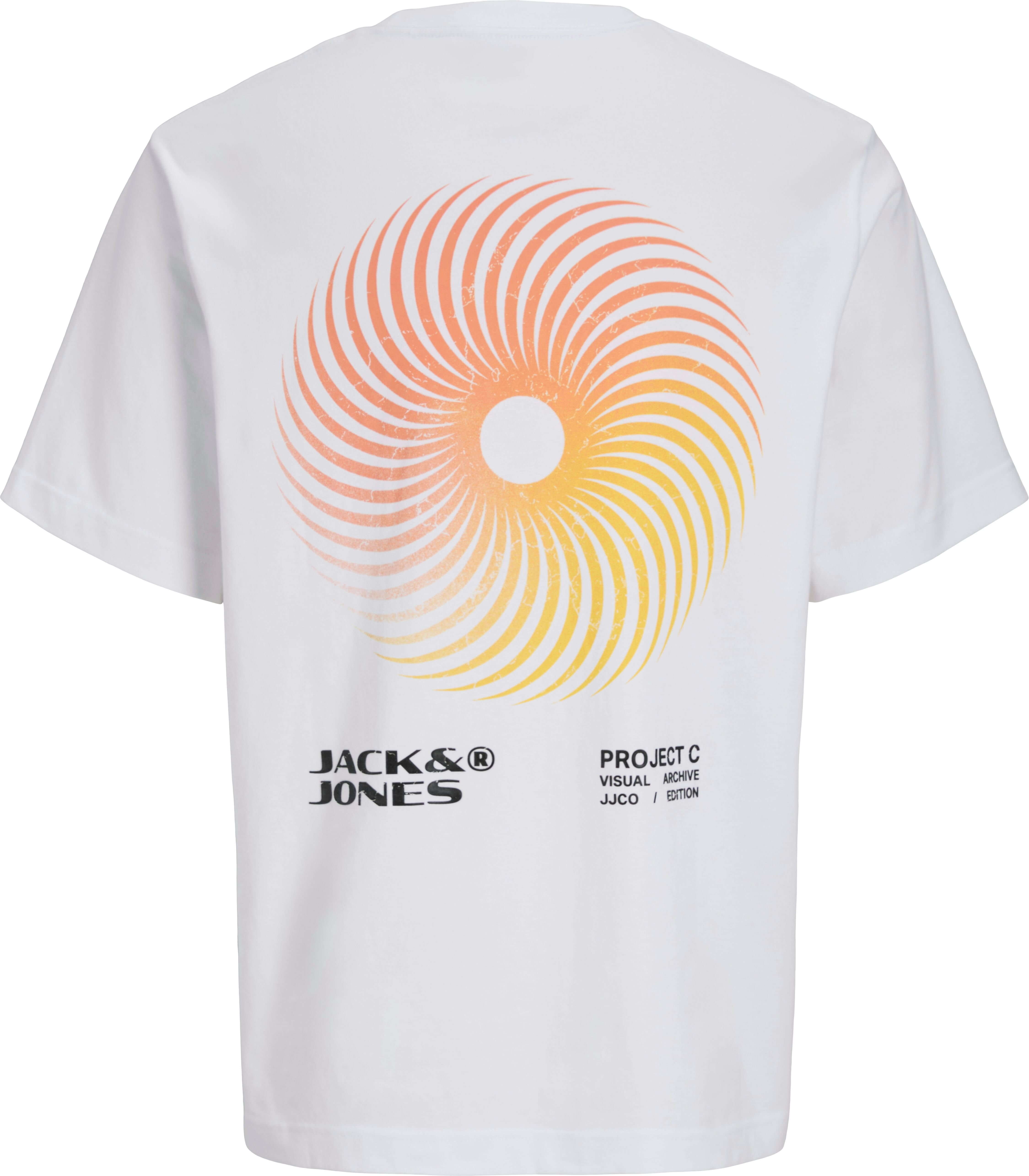 Print-Shirt JACK & JONES "JCOCALMA BACK PRINT TEE SS CREW NECK", Herren, Gr. S, weiss (hellweiß), Jersey, Obermaterial: 100% Baumwolle, bedruckt, regular fit taillenbedeckt, Rundhals, gerader Abschluss, Shirts Print-Shirt, mit Backprint hellweiß S