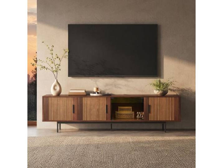 Meuble TV lowboard 200 cm LED porte en verre trempé aspect bois marron noir pieds métal