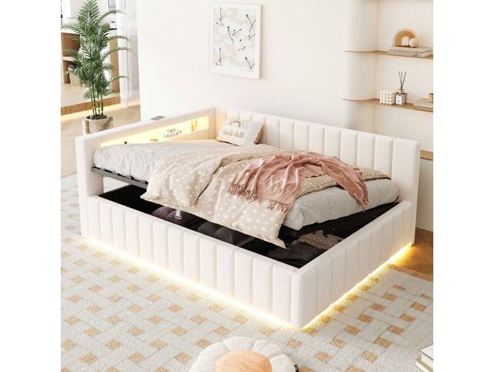 Lit- - en samtstoff mit hydraulischem Stauraum mit LED-Licht mit USB-Ladeanschluss- 140x200cm