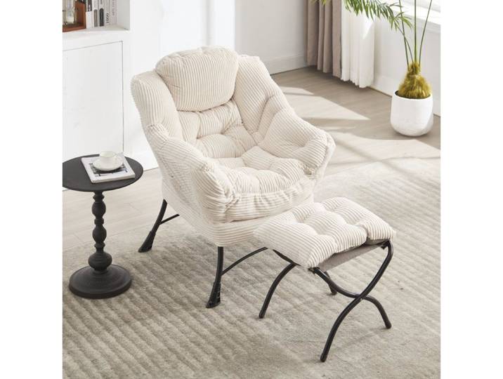 Fauteuil lounge moderne avec ottoman accoudoirs poche latérale acier blanc et flanelle douce Grjofek