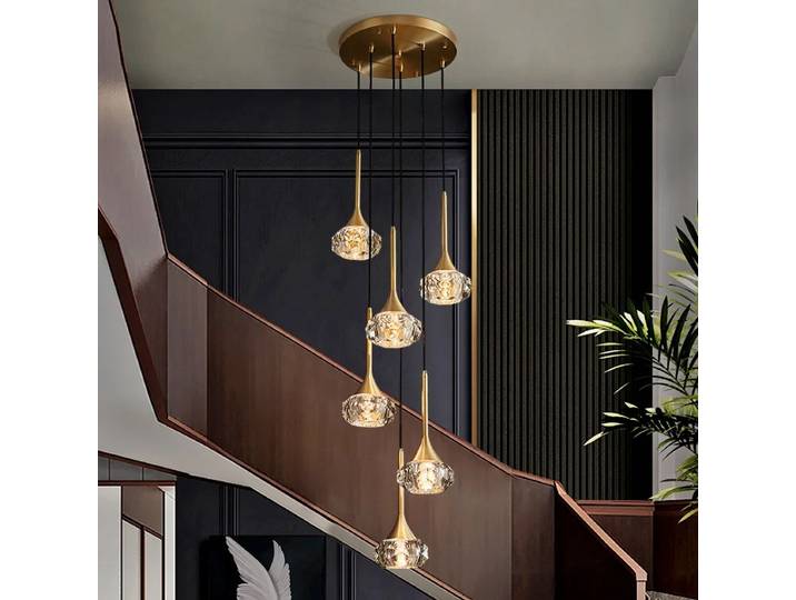 Lustre Long d'escalier tout en cuivre, moderne et minimaliste, Duplex, Villa, Loft, appartement, escalier rotatif, lampe en cristal de luxe