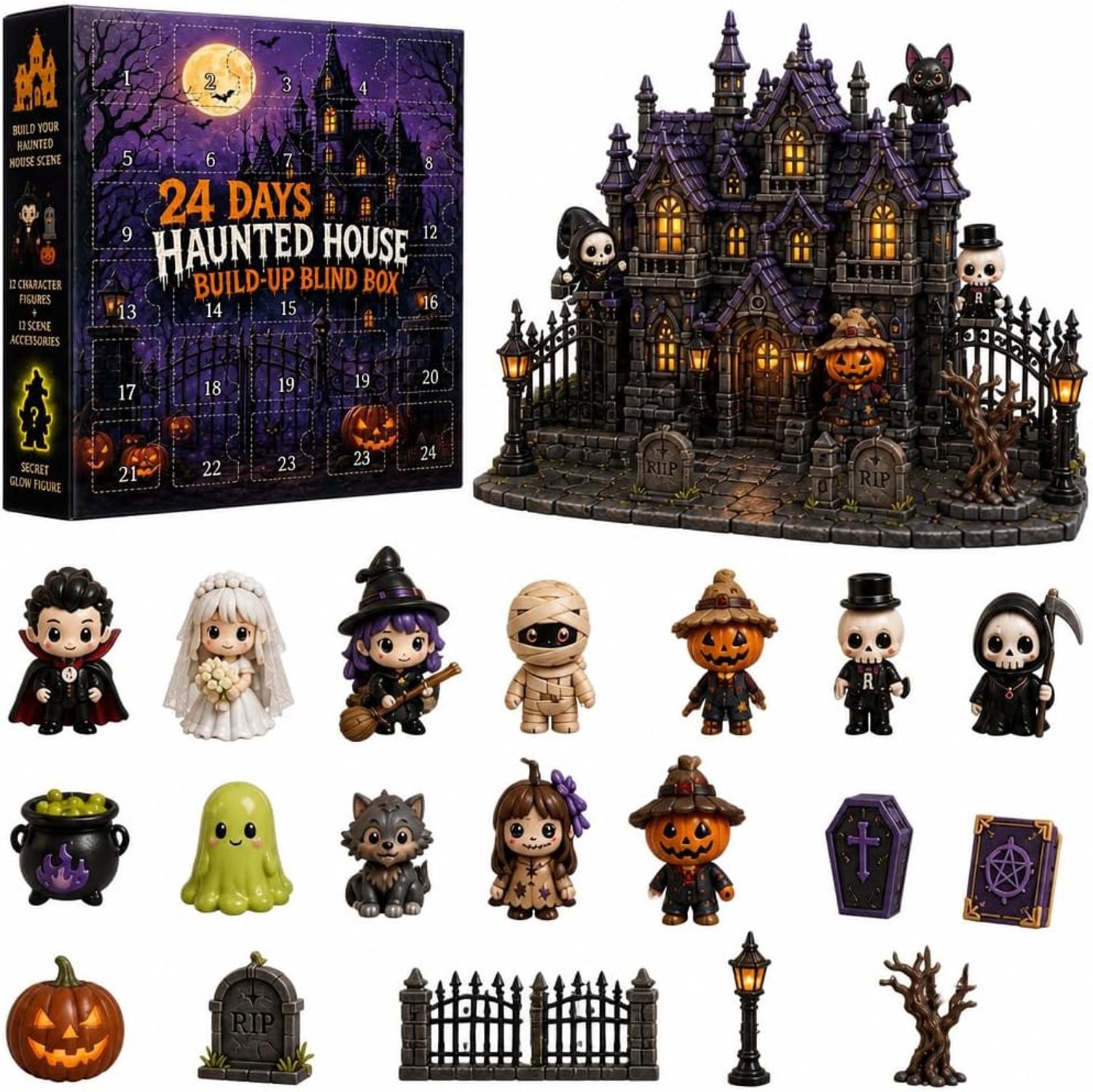 Halloween Adventskalender 2026 met 24 dagen spookhuis aftelkalender en mini figuurtjes
