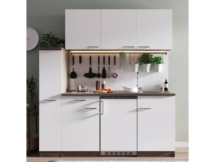 Cuisine Oliver I 180cm Blanc/Blanc/Imitation chêne foncé Vitrocéramique