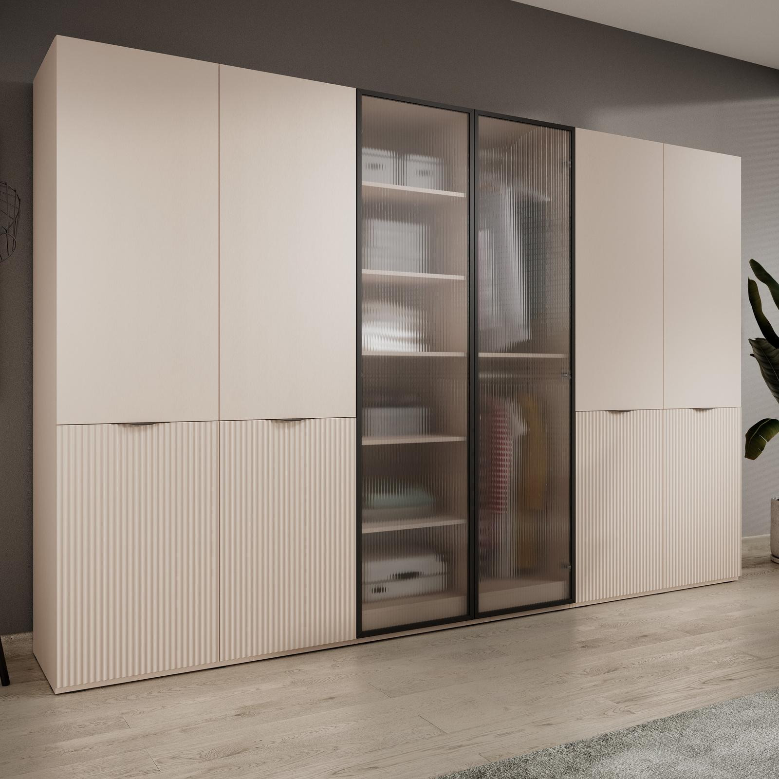 Ravio Modulaire garderobekast ZEN Flutes, beige, met 6 deuren en geribbeld glas