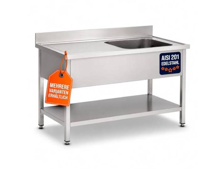 GastroHero Spültisch, Becken rechts, 120x60cm, Edelstahl SPT-BASIC12X6R Abtropffläche rechts, mit Grundboden, 100 mm Aufkantung, 1 Becken, nach Hygiene- und Sicherheitsrichtlinien produziert