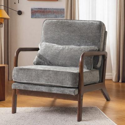"25.98"" Polyester Mid-Century Modern Lounge Chair with Curved Wood Armrests and Lumbar Cushion and Anti-Slip Foot Pads"