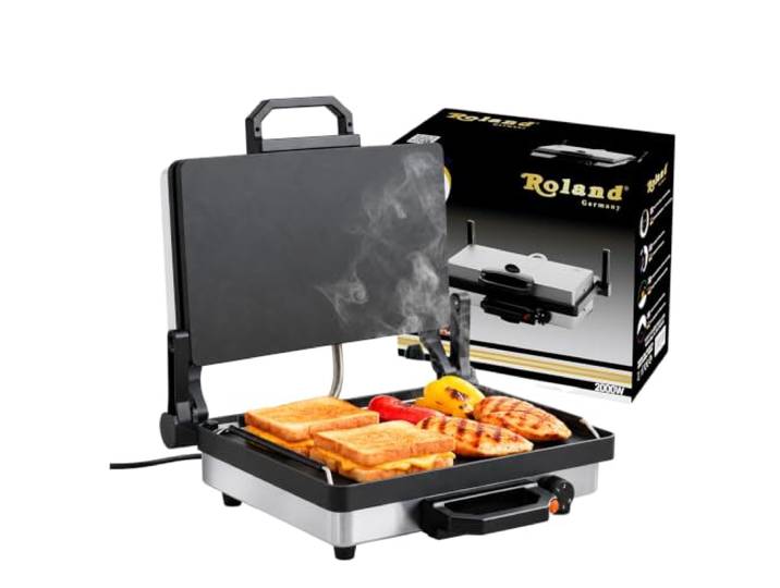 Roland Germany Multigrill, 2000W Elektro-Kontaktgrill, Schwarz, 340x220mm Grillplatten, 5-Stufen Temperaturregelung, für Lahmacun, Fleisch, Toast und Gemüse (1, Teflon)
