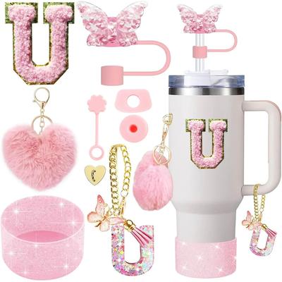Inspire Select 9pcs Stanley Cup Accessories Set Silicone Boot, Butterfly Straw Cover, Spill Proof Stopper & Initial Charm Kit u Heart Pink 9pcs