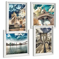 BILDER SET 4er Set - 50x50 cm & 40x60 cm Weißer Rahmen - Turmbrücken in europäischen Städten