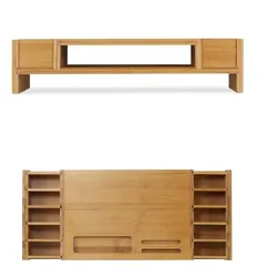 Relaxdays Monitorständer, Bildschirmständer aus Bambus, 14 Fächer, ergonomischer Monitorerhöher, HBT 15x65x28 cm, natur