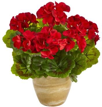 Nearly Natural "11"" Geranium Plant in Ceramic Planter UV Resistant (Indoor/Outdoor)"