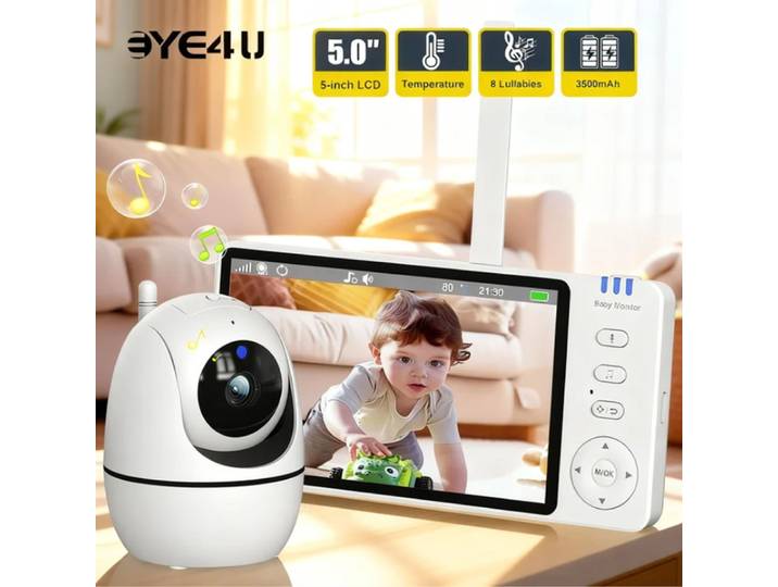 Moniteur vidéo pour bébé de 5 pouces, avec caméra, Zoom PTZ, Protection de sécurité, caméras de Surveillance, capteur de température, berceuse