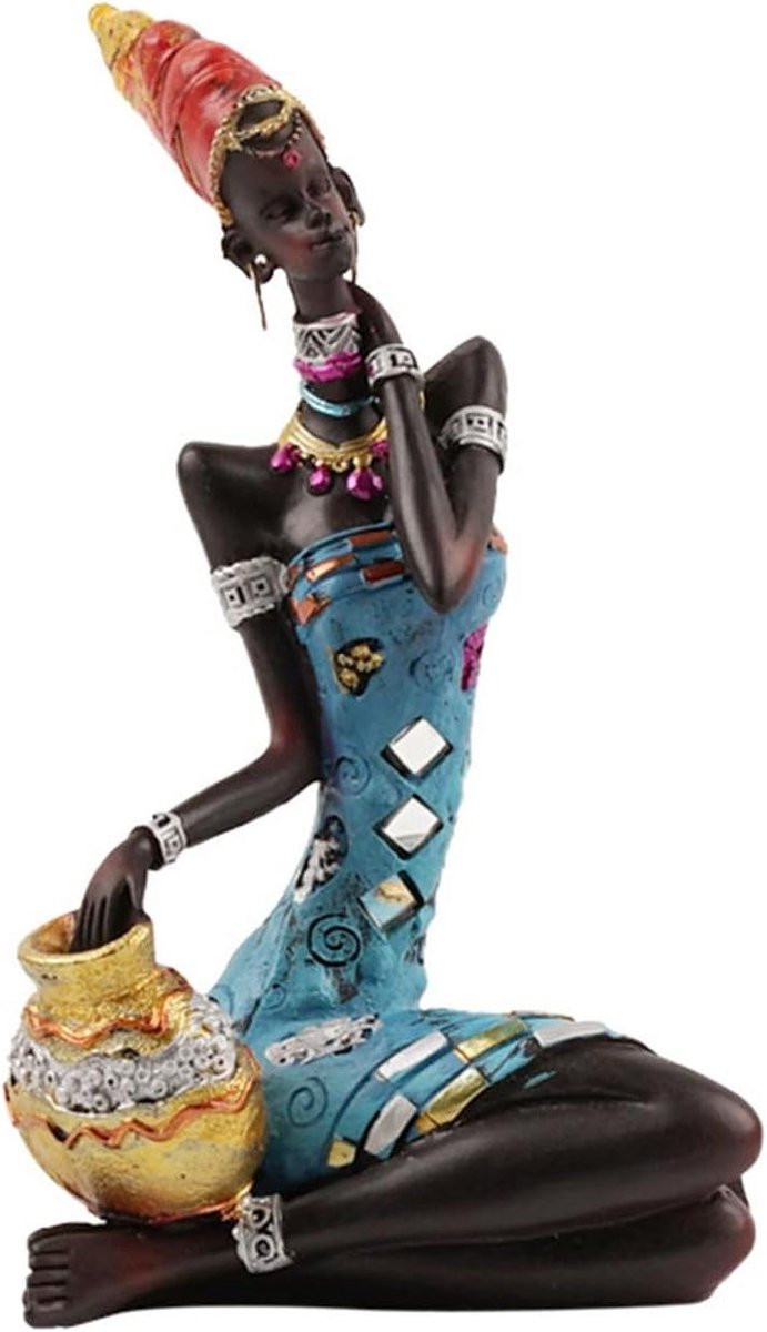 Handgeschilderd Afrikaans Vrouw Beeldje - Tribal Hars Sculptuur voor Huisdecoratie