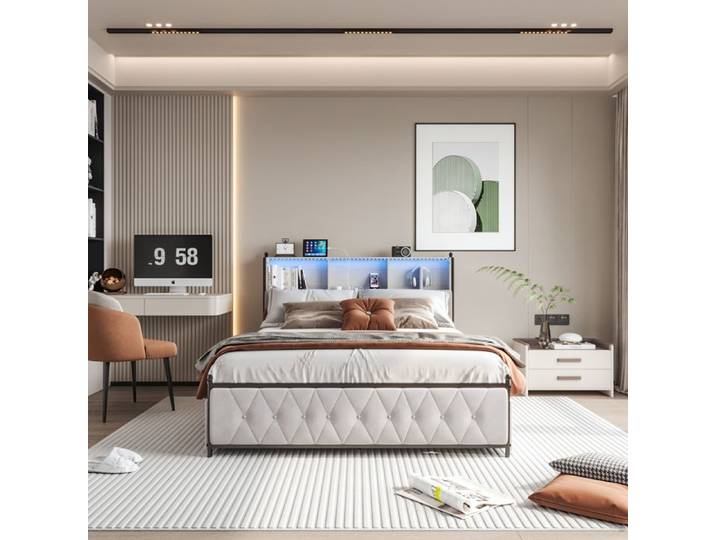 Cadre de lit - TIMPFEE - Lit 140x200 capitonné - velours beige - 4 tiroirs - 2 ports USB & prise