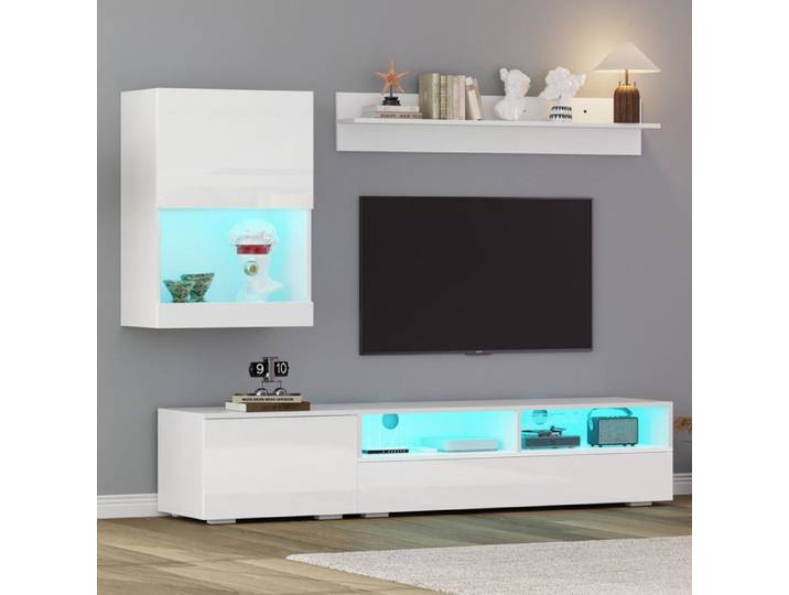 Meuble TV scandinave Set de 3: Meuble TV Armoire murale et étagères murales Ensemble de meubles de salon 175x39x34 cm Blanc